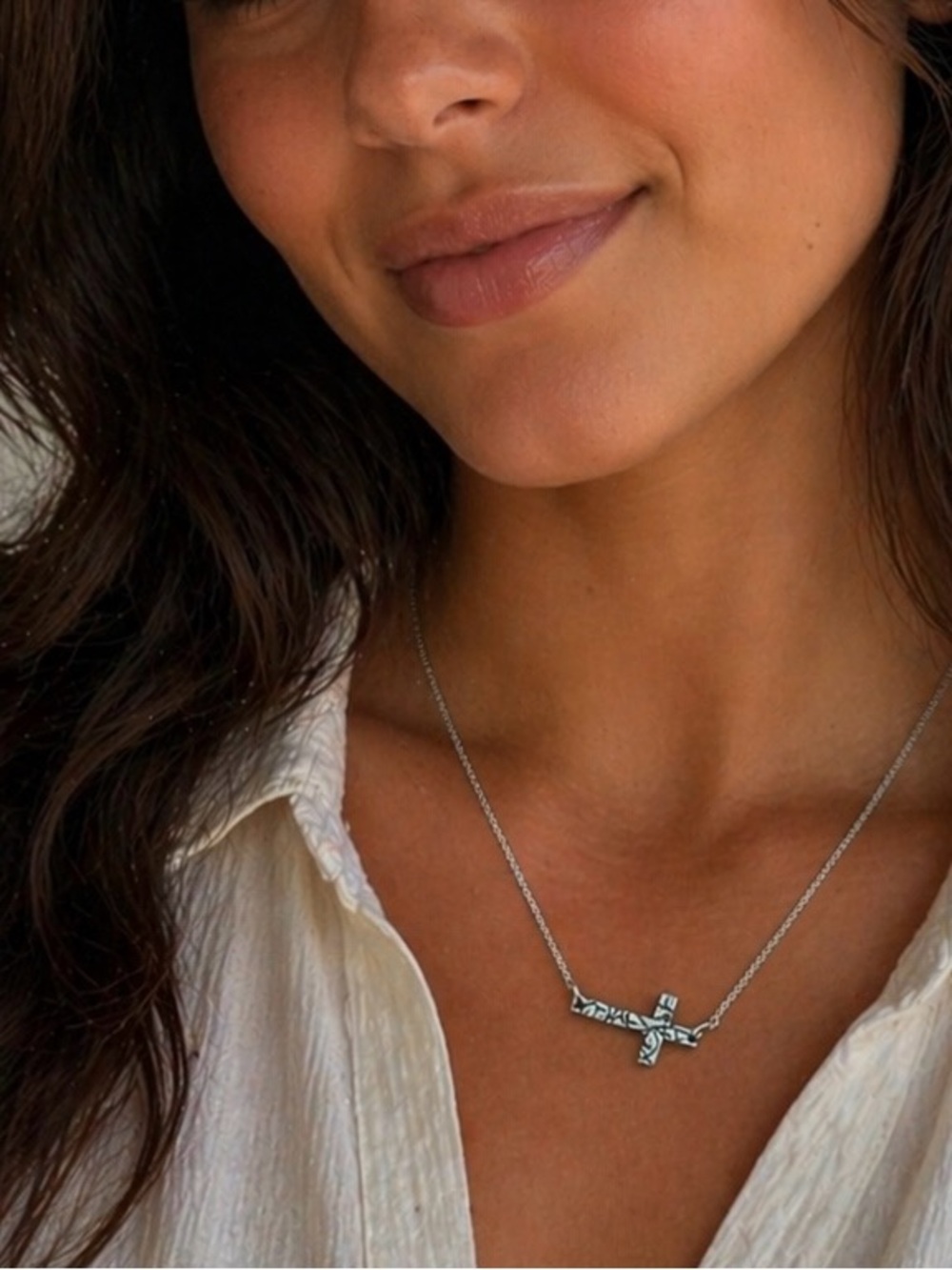 Silver Cross Pendant Necklace - Horizontal Vine Detail